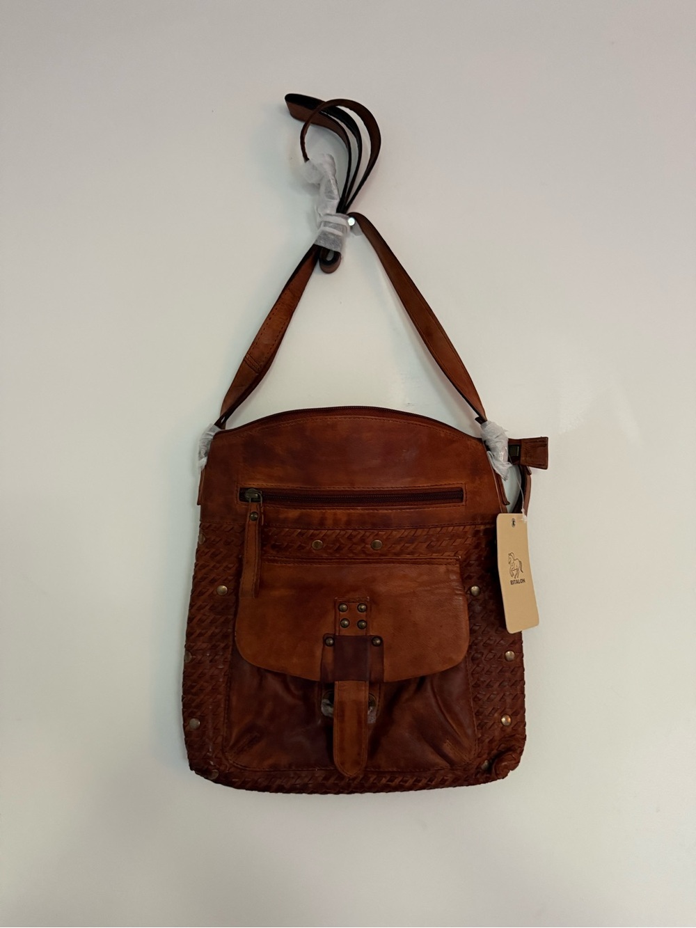 Braided Leather Crossbody Bag in Warm Brown